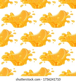 Seamless pattern with fresh bright orange, mandarin or tagerine juice splash burst isolated on white background. Summer fruit juice. Cartoon style. Vector illustration for any design.