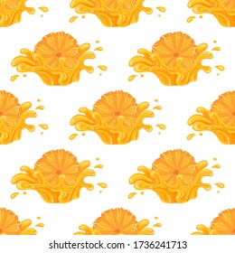 Seamless pattern with fresh bright orange, mandarin or tagerine juice splash burst isolated on white background. Summer fruit juice. Cartoon style. Vector illustration for any design.