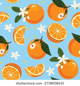 Seamless pattern with fresh bright oranges with slices, blossoms and green leaves. Citrus fruit collection, orange fruit, juicy food, healthy nutrition, organic product, natural vitamins