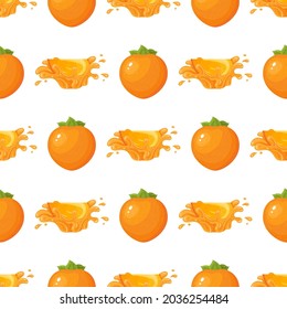 Seamless pattern with fresh bright persimmon fruit juice splash isolated on white background. Summer fruits for healthy lifestyle. Organic fruit. Cartoon style. Vector illustration for any design.
