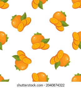 Seamless pattern with fresh bright persimmon fruit isolated on white background. Summer fruits for healthy lifestyle. Organic fruit. Cartoon style. Vector illustration for any design.