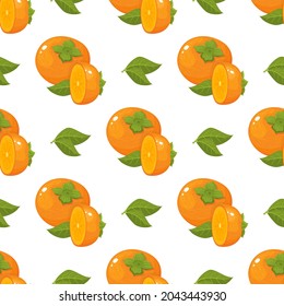 Seamless pattern with fresh bright persimmon fruit and leaves isolated on white background. Summer fruits for healthy lifestyle. Organic fruit. Cartoon style. Vector illustration for any design.