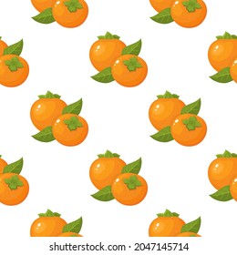 Seamless pattern with fresh bright persimmon fruit isolated on white background. Summer fruits for healthy lifestyle. Organic fruit. Cartoon style. Vector illustration for any design.