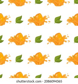 Seamless pattern with fresh bright persimmon fruit juice splash isolated on white background. Summer fruits for healthy lifestyle. Organic fruit. Cartoon style. Vector illustration for any design.