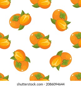 Seamless pattern with fresh bright persimmon fruit isolated on white background. Summer fruits for healthy lifestyle. Organic fruit. Cartoon style. Vector illustration for any design.