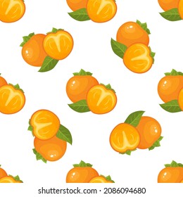 Seamless pattern with fresh bright persimmon fruit isolated on white background. Summer fruits for healthy lifestyle. Organic fruit. Cartoon style. Vector illustration for any design.