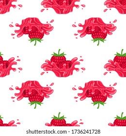 Seamless pattern with fresh bright raspberry juice splash burst isolated on white background. Summer fruit juice. Cartoon style. Vector illustration for any design.