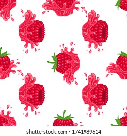 Seamless pattern with fresh bright raspberry juice splash burst isolated on white background. Summer fruit juice. Cartoon style. Vector illustration for any design.