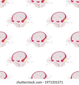 Seamless pattern with fresh bright red pitaya juice splash burst isolated on white background. Summer fruit juice. Cartoon style. Vector illustration for any design.