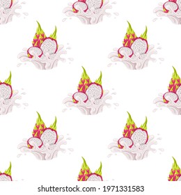 Seamless pattern with fresh bright red whole pitaya juice splash burst isolated on white background. Summer fruit juice. Cartoon style. Vector illustration for any design.