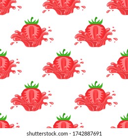 Seamless pattern with fresh bright strawberry juice splash burst isolated on white background. Summer fruit juice. Cartoon style. Vector illustration for any design.