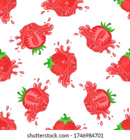 Seamless pattern with fresh bright strawberry juice splash burst isolated on white background. Summer fruit juice. Cartoon style. Vector illustration for any design.