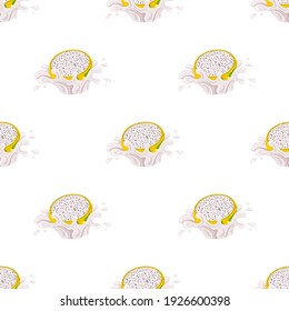 Seamless pattern with fresh bright yellow pitaya juice splash burst isolated on white background. Summer fruit juice. Cartoon style. Vector illustration for any design.