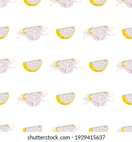 Seamless pattern with fresh bright yellow pitaya juice splash burst isolated on white background. Summer fruit juice. Cartoon style. Vector illustration for any design