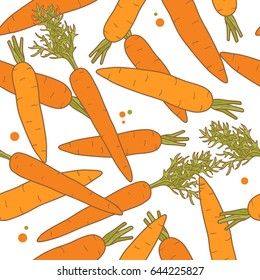 Seamless pattern fresh carrots, hand drawn icons vector. Colorful background with vegetables, food objects. Decorative wallpaper, good for printing. Backdrop design