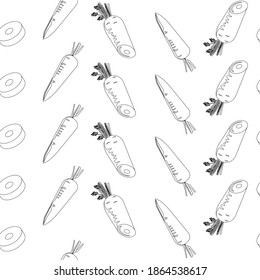 Patrón sin foco de zanahorias frescas con trozos・cortados. Ilustración vectorial aislada en el fondo. Patrón de tejidos, textiles, menús, embalajes, sitios web, etc.