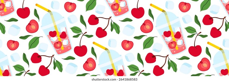 Seamless pattern with fresh cherries lemonade on white background. Summer background for cafe menus. Take away summer drink. Berries, leaves, ice cubes. Food and drinks. Vector flat illustration.