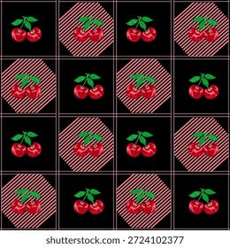 Patrón sin fisuras de cerezas frescas en rejillas y hexágonos rayados. Diseño de Vector para tela, papel de embalaje y más