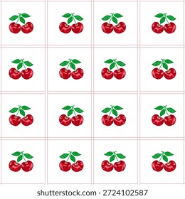 Patrón sin fisuras de cerezas frescas en rejillas. Diseño de Vector para tela, papel de embalaje y más.