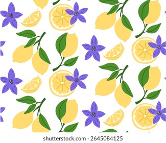Seamless pattern with fresh citrus fruits. Summer pattern for fabric or wallpaper. Vector illustration.