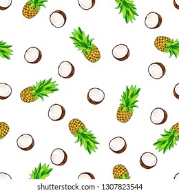 Seamless pattern with fresh coconuts and pineapples