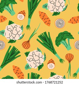 Seamless pattern, fresh colorful vegetables, hand drawn elements in doodle style. Vector illustration for fabric and textile. 