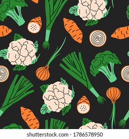 Seamless pattern, fresh colorful vegetables, hand drawn elements in doodle style. Vector illustration for fabric and textile on black background.