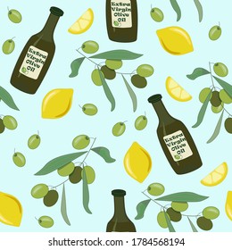 Patrón sin foco en colores frescos. Ilustración vintage de una rama de olivo, limones y una botella de aceite de oliva.