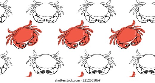 Seamless pattern of fresh crabs on a white background. Doodle and flat style. Linear, hand drawn. Vector illustration. Suitable for wallpapers, web page backgrounds, surface textures, textiles.