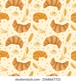 Seamless pattern with fresh and crispy croissants, ears of wheat on a light background, French pastries