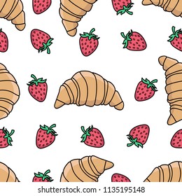 Seamless pattern with fresh croissant and strawberry. Vector illustration. Suitable for printing on wrapping paper, textiles, menu design.