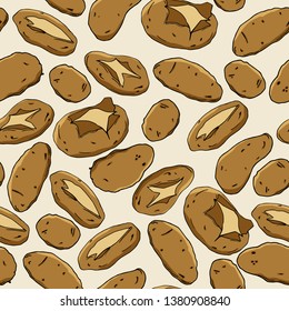 seamless pattern with fresh crude and boiled, baked, steamed or stewed potatoes. isolated vegetarian meal in hand drawn style. raw, healthy food.