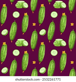 Padrão contínuo de pepino fresco, formas diferentes, fatia, inteiro, metade, folha, embrião, flor. Alimentos saudáveis para design de tecido, embalagens, artigos de papelaria.