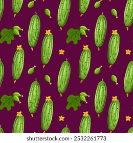 Padrão contínuo de pepino fresco, formas diferentes, fatia, inteiro, metade, folha, embrião, flor. Alimentos saudáveis para design de tecido, embalagens, artigos de papelaria.