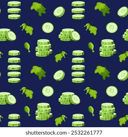 Seamless pattern of fresh cucumber, different shapes, slice, whole, half, leaf, embryo, flower. Healthy food for fabric design, packaging, stationery.
