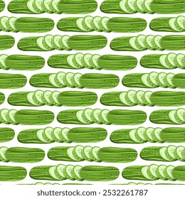 Seamless pattern of fresh cucumber, different shapes, slice, whole, half, leaf, embryo, flower. Healthy food for fabric design, packaging, stationery.