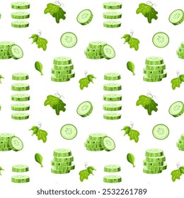 Seamless pattern of fresh cucumber, different shapes, slice, whole, half, leaf, embryo, flower. Healthy food for fabric design, packaging, stationery.