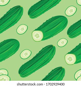 Seamless pattern with fresh cucumber vegetables and slices on green background. Vector illustration in cartoon realistic style. Design for textile, kitchen towel, napkin, print, cosmetics