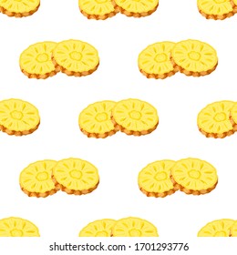 Seamless pattern with fresh cut rings pineapple fruit with leaves on white background. Summer fruits for healthy lifestyle. Organic fruit. Cartoon style. Vector illustration for any design.