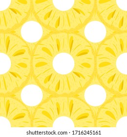 Seamless pattern with fresh cut rings pineapple fruit on white background. Summer fruits for healthy lifestyle. Organic fruit. Cartoon style. Vector illustration for any design.