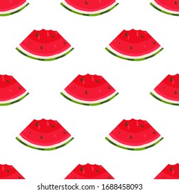 Seamless pattern with fresh cut slice watermelon fruit on white background. Summer fruits for healthy lifestyle. Organic fruit. Cartoon style. Vector illustration for any design.