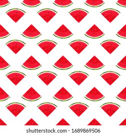 Seamless pattern with fresh cut slice watermelon fruit on white background. Summer fruits for healthy lifestyle. Organic fruit. Cartoon style. Vector illustration for any design.
