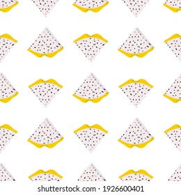 Seamless pattern with fresh cut slices yellow pitaya fruits isolated on white background. Summer fruits for healthy lifestyle. Organic fruit. Cartoon style. Vector illustration for any design.