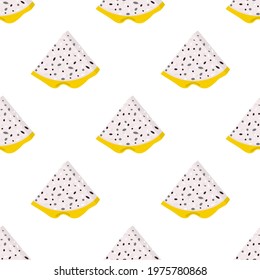 Seamless pattern with fresh cut slices yellow pitaya fruits isolated on white background. Summer fruits for healthy lifestyle. Organic fruit. Cartoon style. Vector illustration for any design.