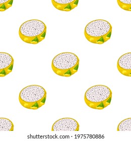 Seamless pattern with fresh cut slices yellow pitaya fruits isolated on white background. Summer fruits for healthy lifestyle. Organic fruit. Cartoon style. Vector illustration for any design.