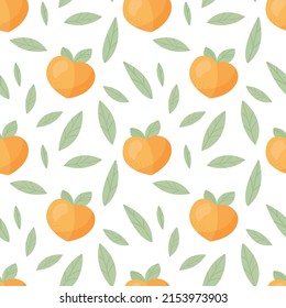 Seamless pattern with fresh cute peaches and leaves in flat style. Fruit pattern for cloth, textile, wrap and other design. Cartoon vector illustration