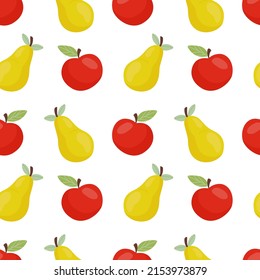 Seamless pattern with fresh cute red apples and green pears in flat style. Fruit pattern for cloth, textile, wrap and other design. Cartoon vector illustration