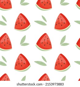 Seamless pattern with fresh cute red piece of watermelon and leaves in flat style. Fruit pattern for cloth, textile, wrap and other design. Cartoon vector illustration