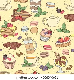 Seamless pattern with fresh desserts, coffee, tea, berry, ice cream, cupcakes and chocolate. Vector illustration 
