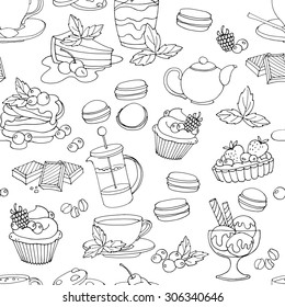 Seamless pattern with fresh desserts, coffee, tea, berry, ice cream, cupcakes and chocolate. Black and white. Vector illustration 